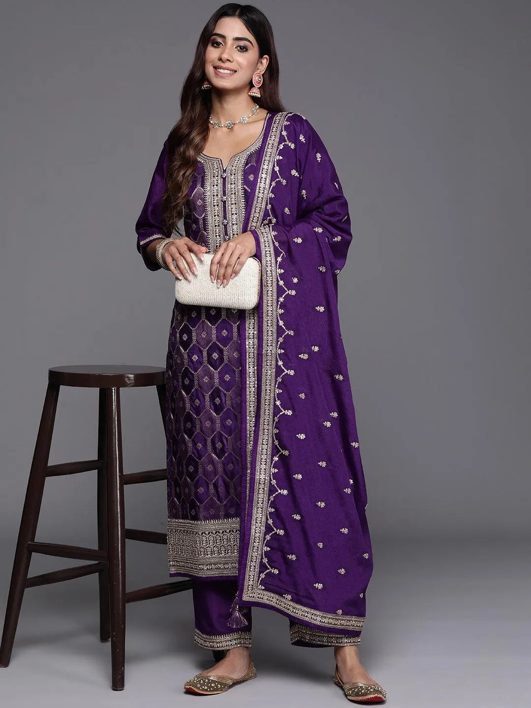 Purple Woven Design Silk Blend Straight Suit With Dupatta - Libas 