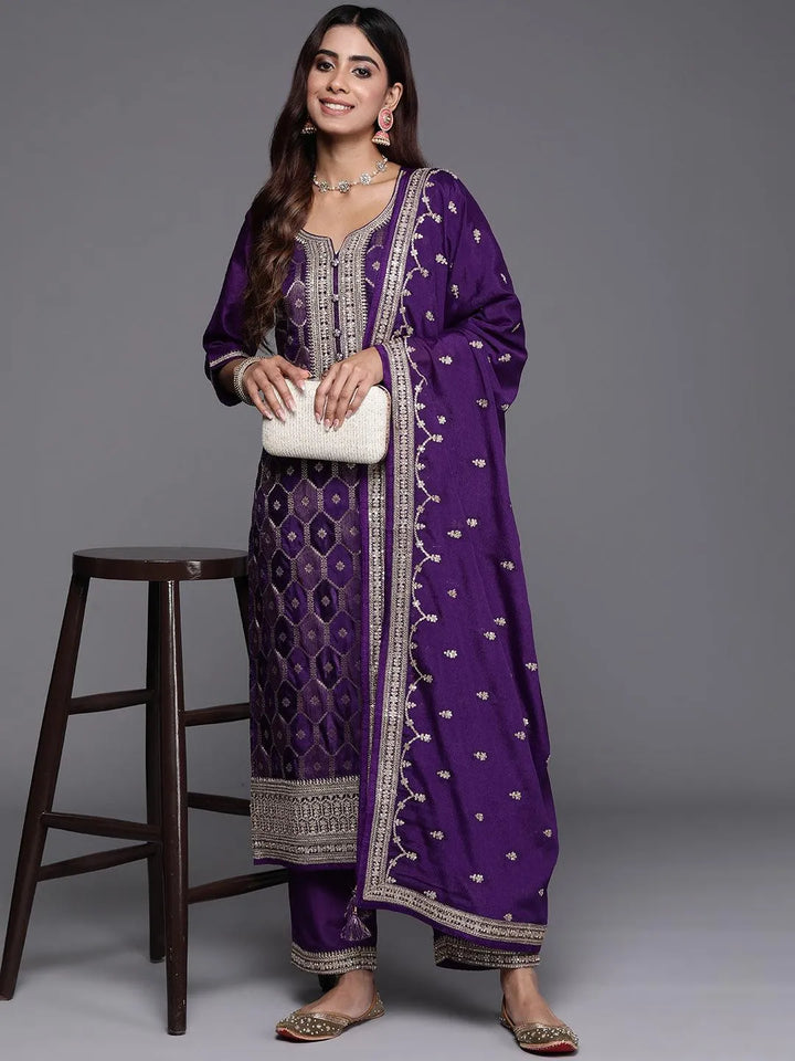 Purple Woven Design Silk Blend Straight Suit With Dupatta - Libas