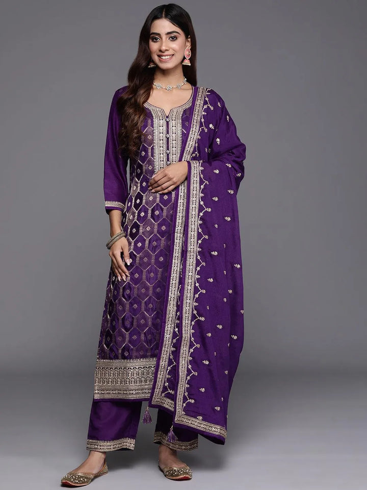 Purple Woven Design Silk Blend Straight Suit With Dupatta - Libas