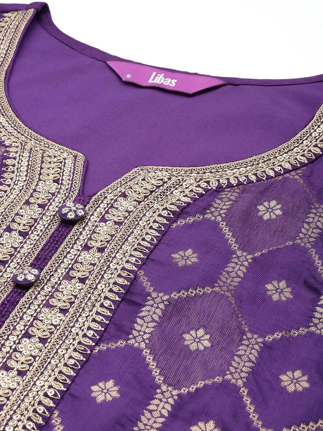 Purple Woven Design Silk Blend Straight Suit With Dupatta - Libas 