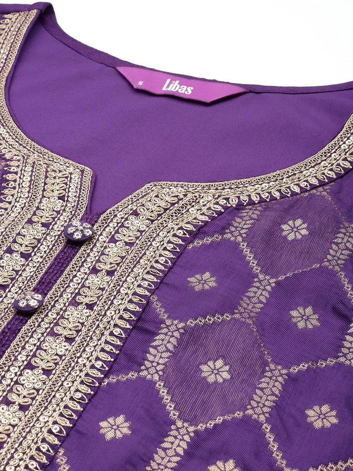Purple Woven Design Silk Blend Straight Suit With Dupatta - Libas