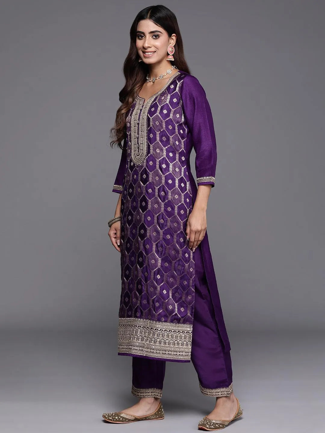 Purple Woven Design Silk Blend Straight Suit With Dupatta - Libas 