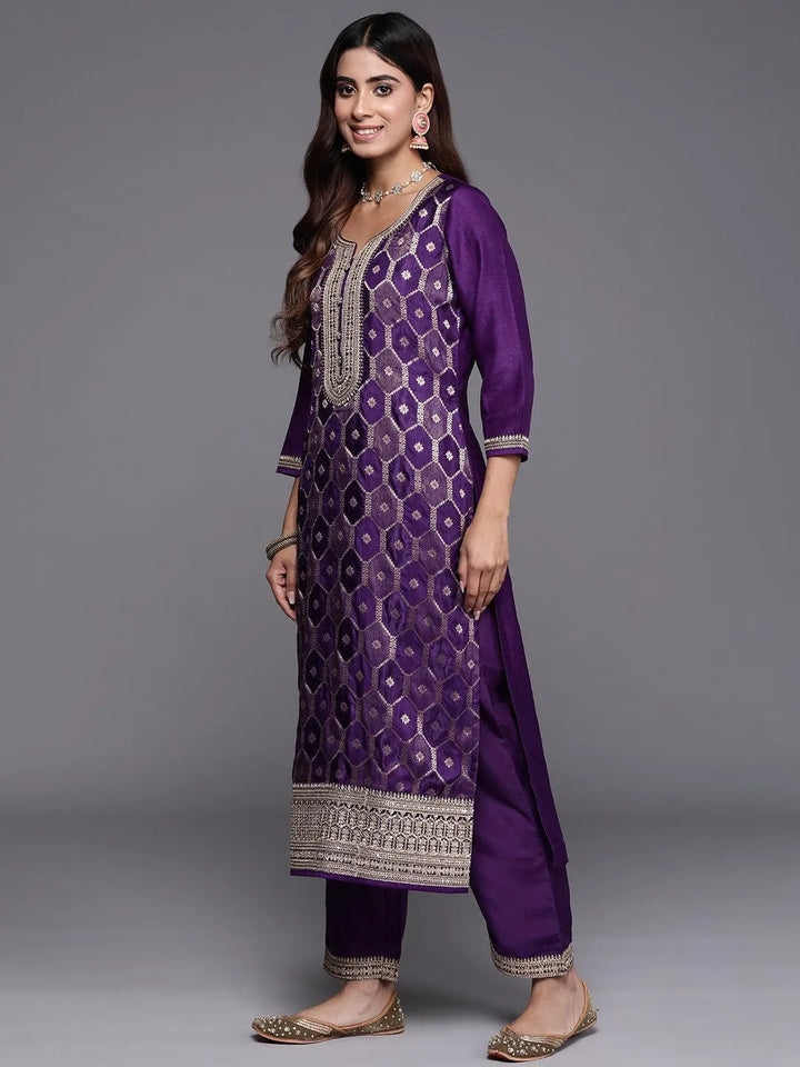 Purple Woven Design Silk Blend Straight Suit With Dupatta - Libas