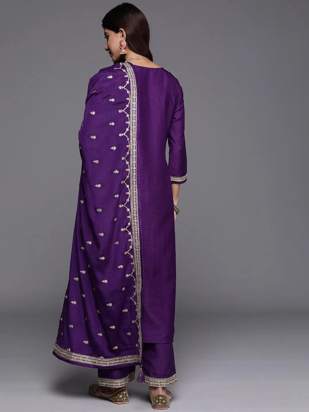 Purple Woven Design Silk Blend Straight Suit With Dupatta - Libas 