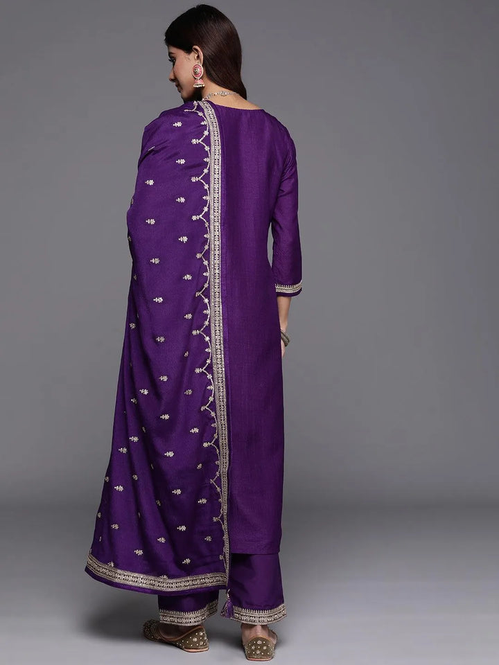 Purple Woven Design Silk Blend Straight Suit With Dupatta - Libas