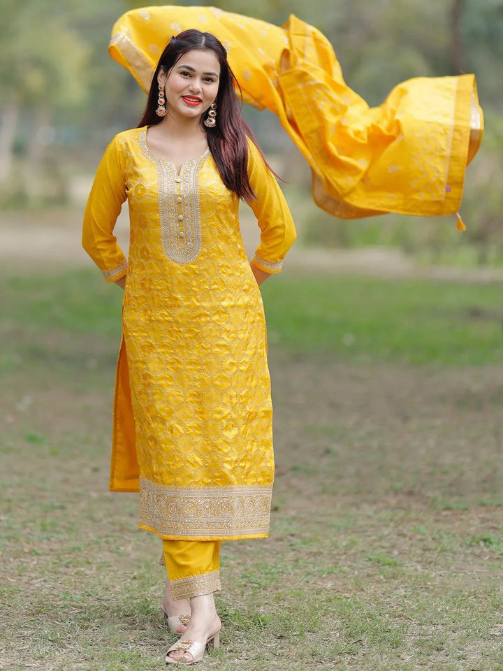 Yellow Woven Design Silk Blend Straight Suit With Dupatta - Libas