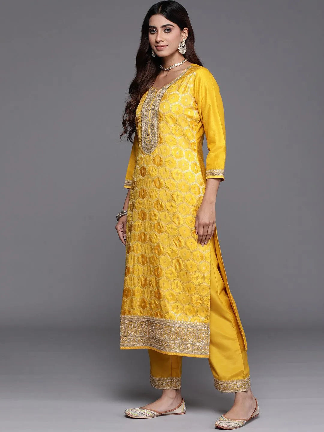 Yellow Woven Design Silk Blend Straight Suit With Dupatta - Libas 