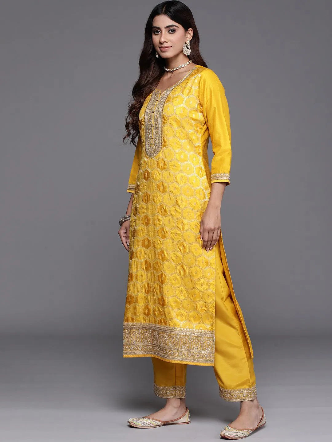 Yellow Woven Design Silk Blend Straight Suit With Dupatta - Libas