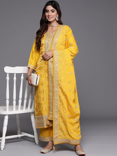 Yellow Woven Design Silk Blend Straight Suit With Dupatta - Libas