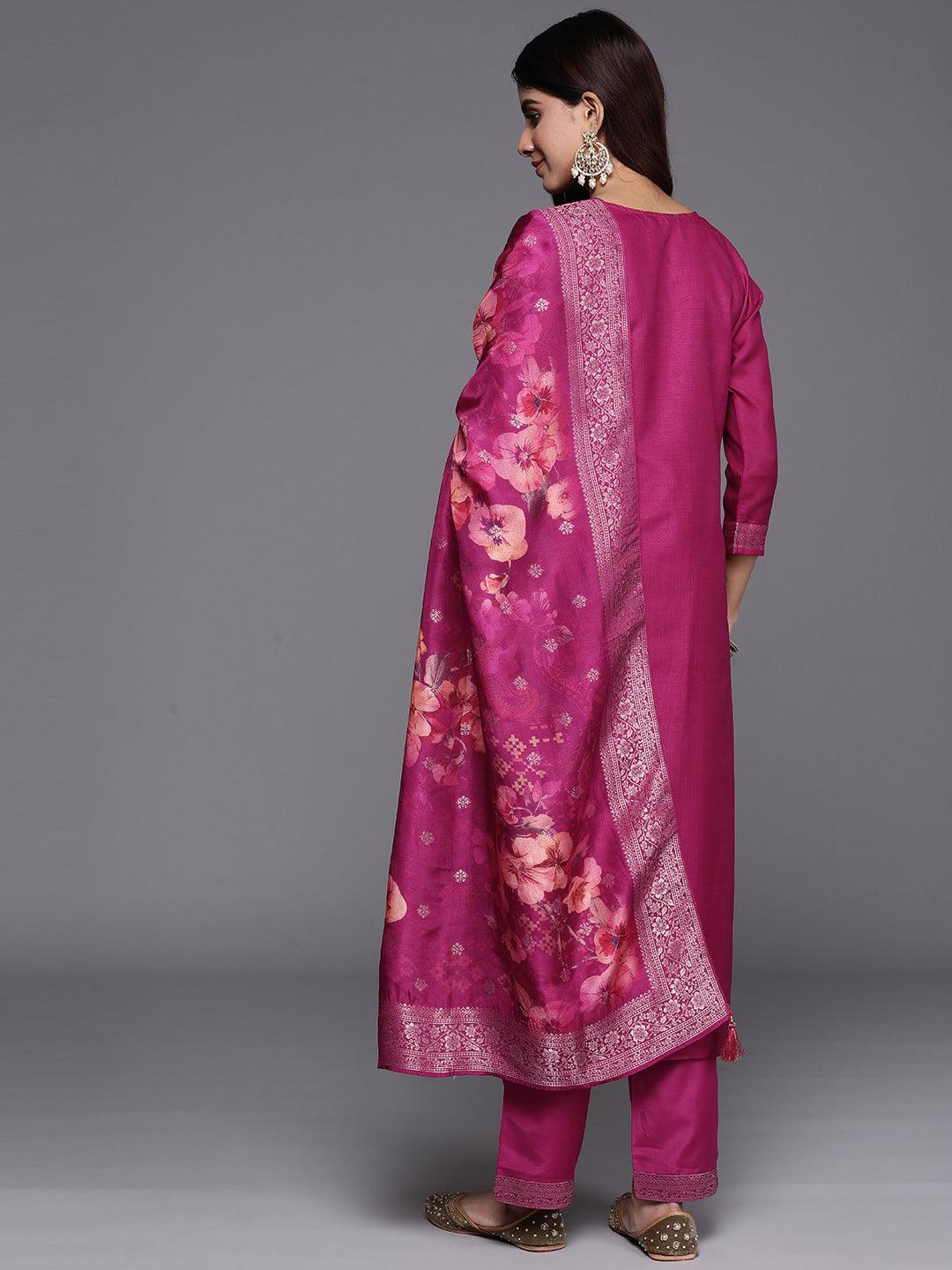 Magenta Woven Design Silk Blend Straight Suit With Dupatta - Libas