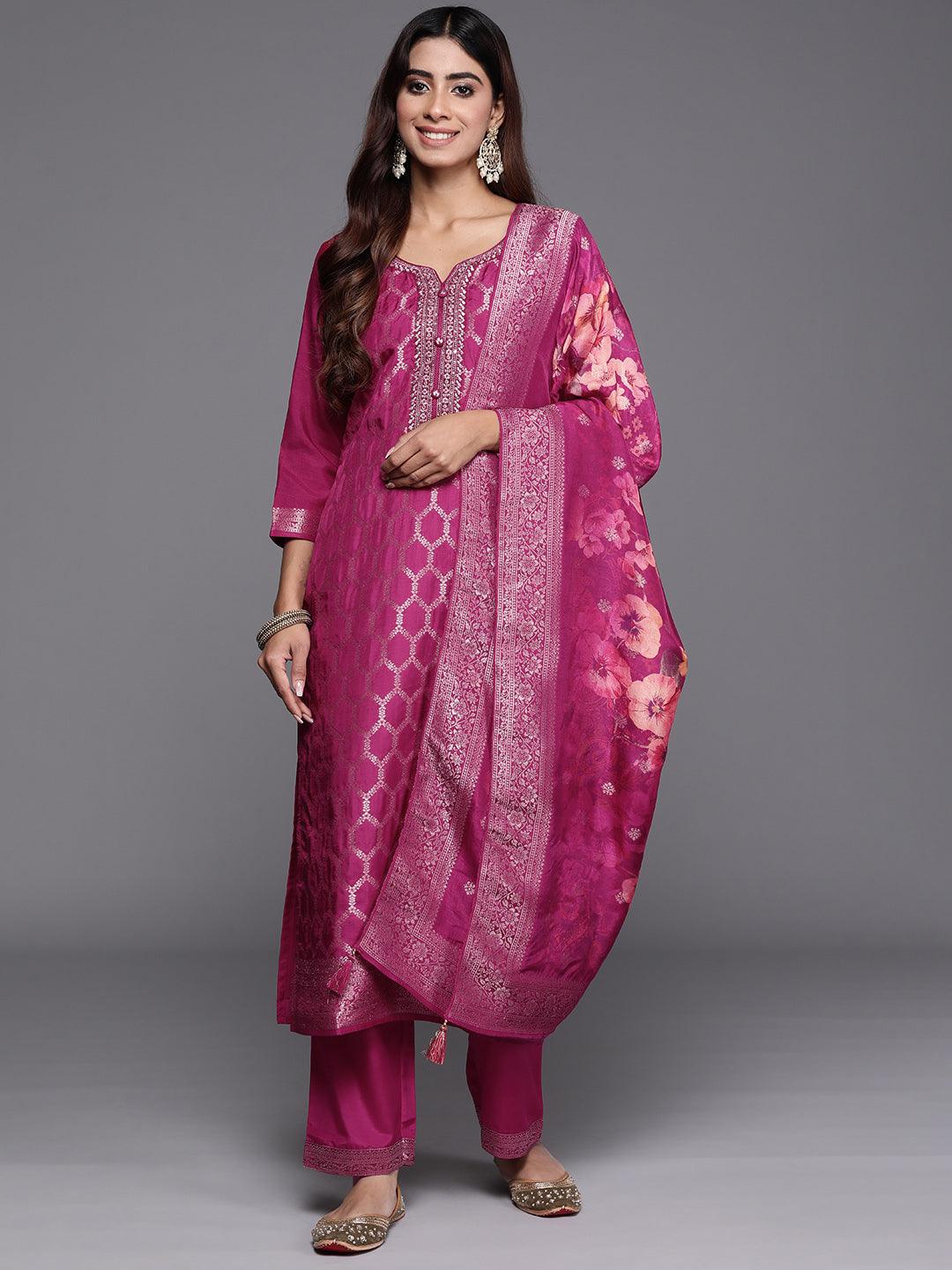 Magenta Woven Design Silk Blend Straight Suit With Dupatta - Libas