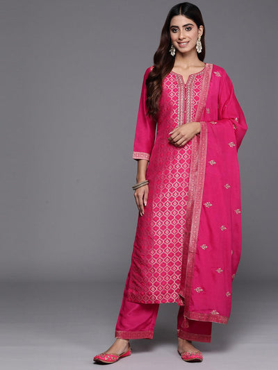 Pink Woven Design Silk Blend Straight Suit With Dupatta - Libas