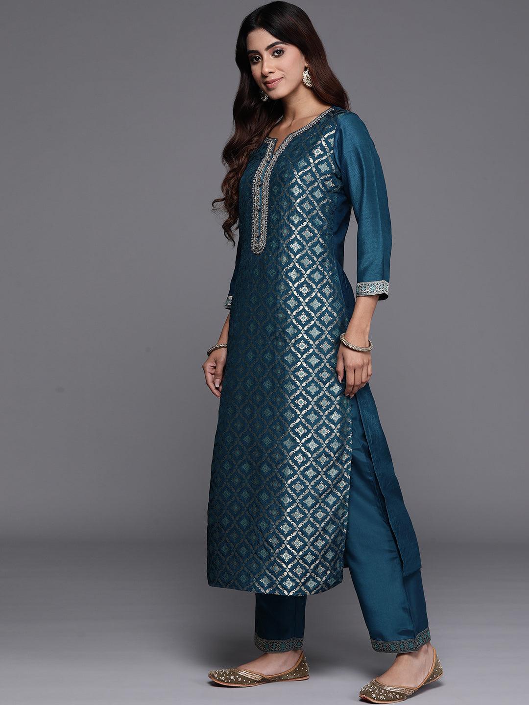 Teal Woven Design Silk Blend Straight Suit With Dupatta - Libas