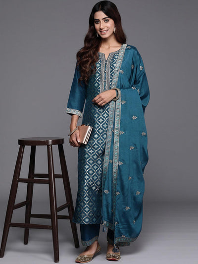 Teal Woven Design Silk Blend Straight Suit With Dupatta - Libas