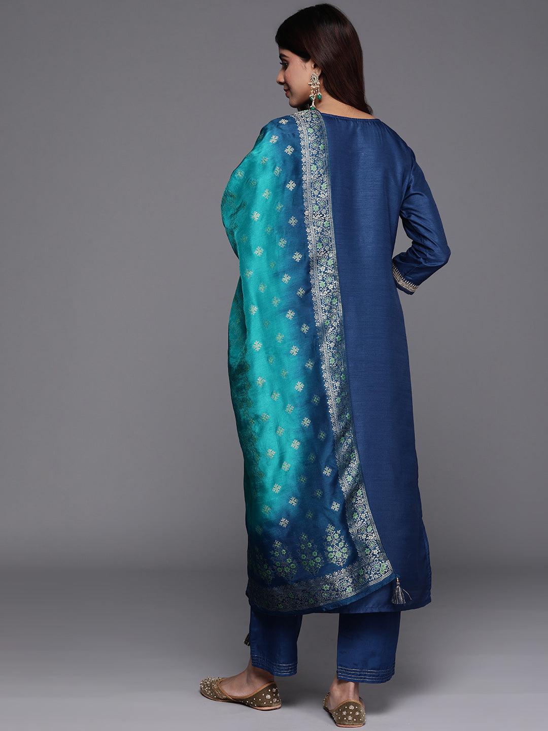 Teal Yoke Design Silk Blend Straight Suit With Dupatta - Libas