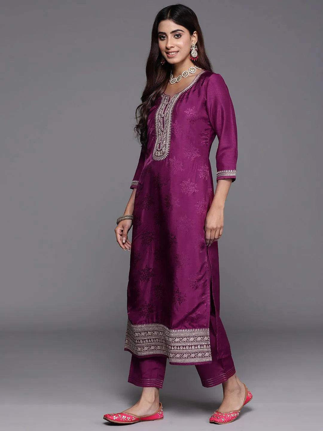 Maroon Yoke Design Silk Blend Straight Suit With Dupatta - Libas 