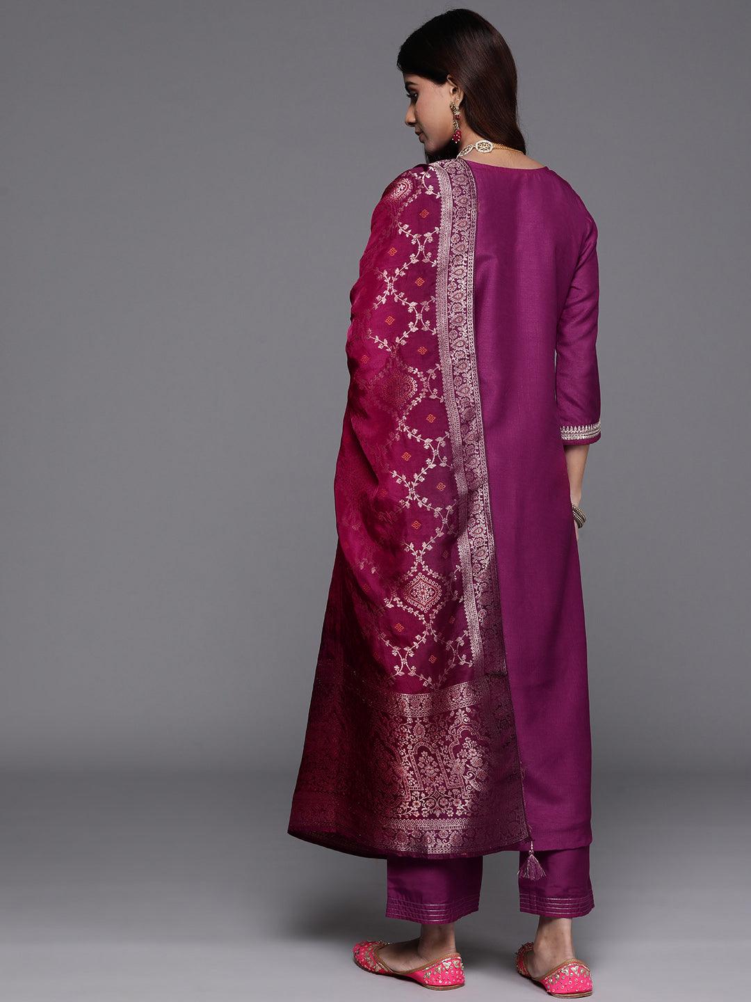 Maroon Yoke Design Silk Blend Straight Suit With Dupatta - Libas
