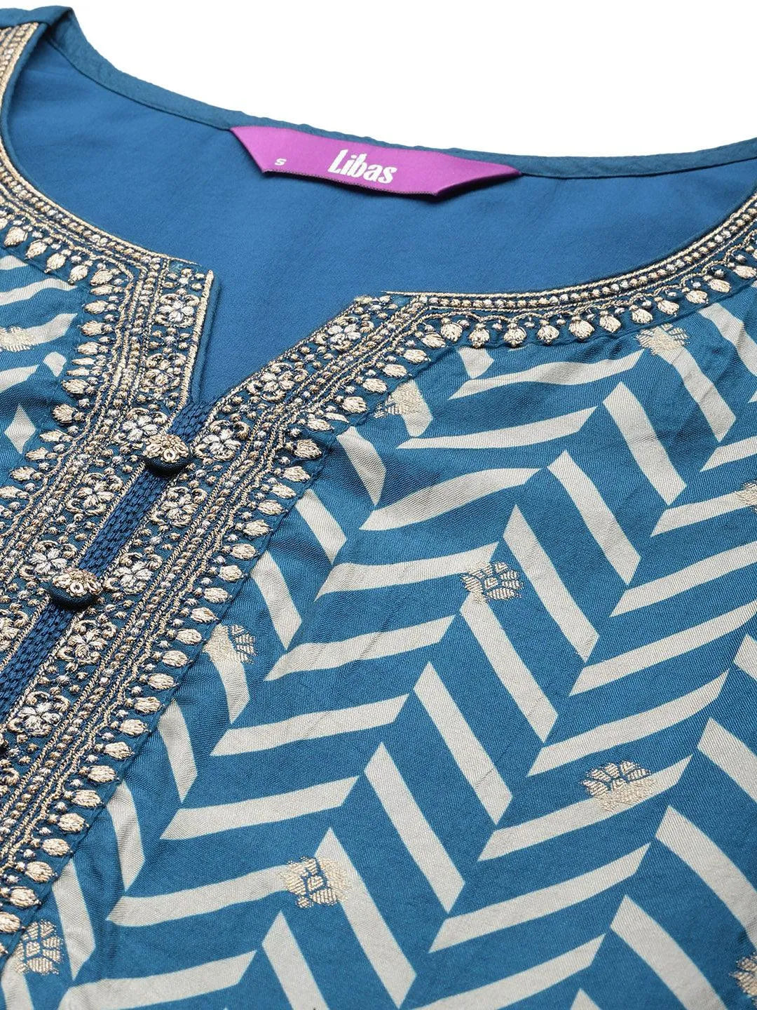 Teal Printed Silk Blend Straight Suit With Dupatta - Libas 