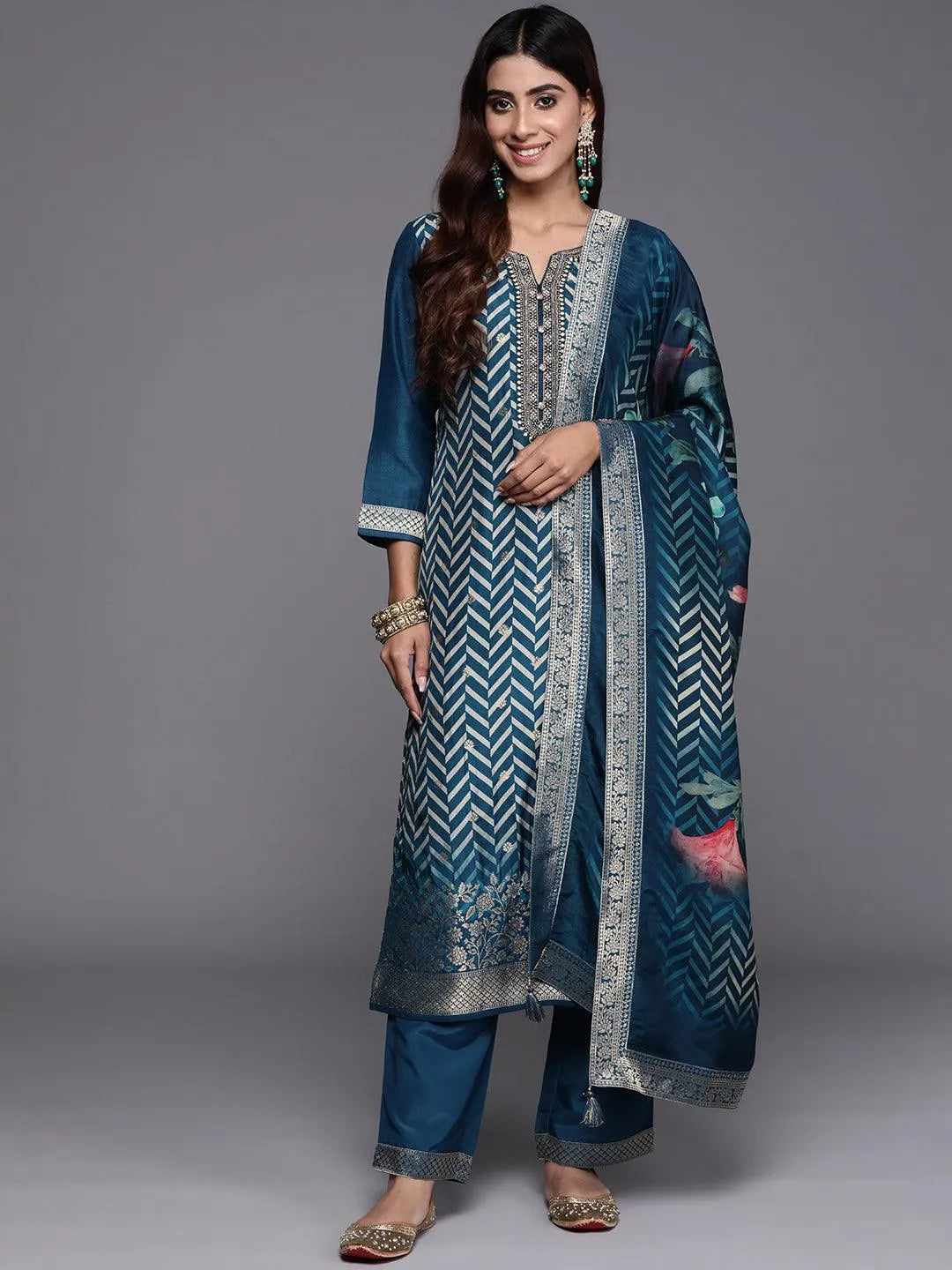 Teal Printed Silk Blend Straight Suit With Dupatta