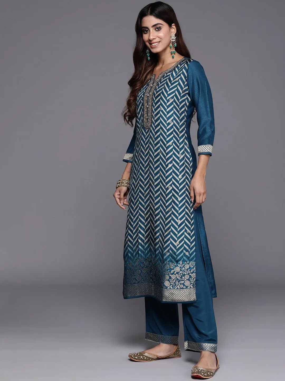 Teal Printed Silk Blend Straight Suit With Dupatta - Libas