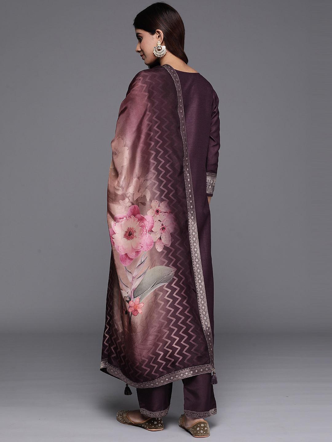 Wine Printed Silk Blend Straight Suit With Dupatta - Libas