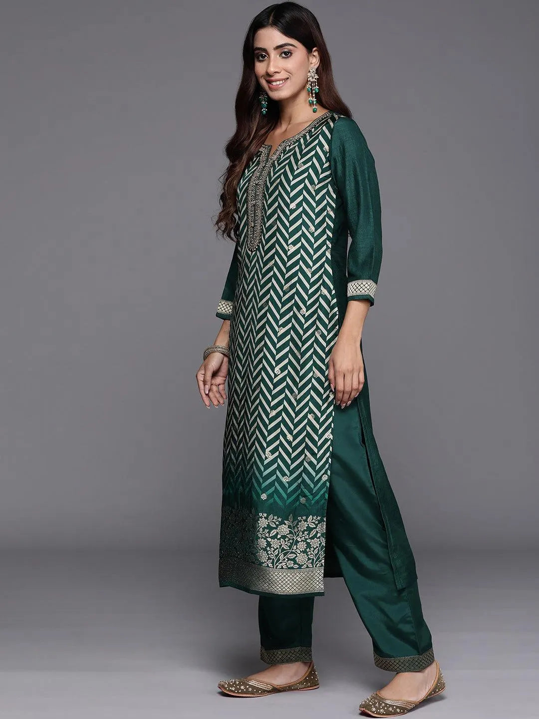 Green Printed Silk Blend Straight Suit With Dupatta - Libas 