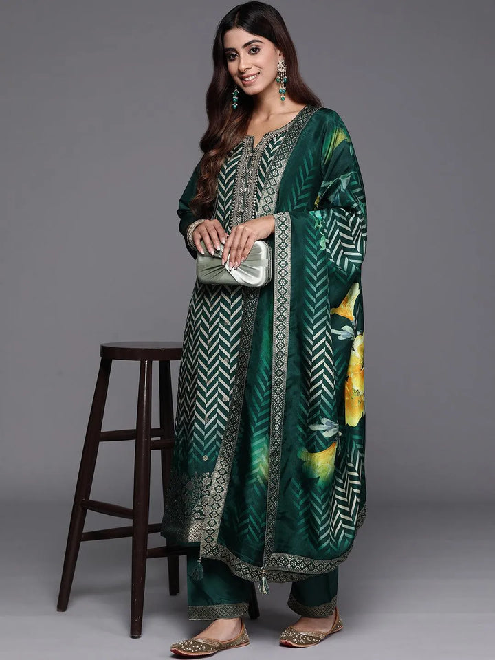 Green Printed Silk Blend Straight Suit With Dupatta - Libas