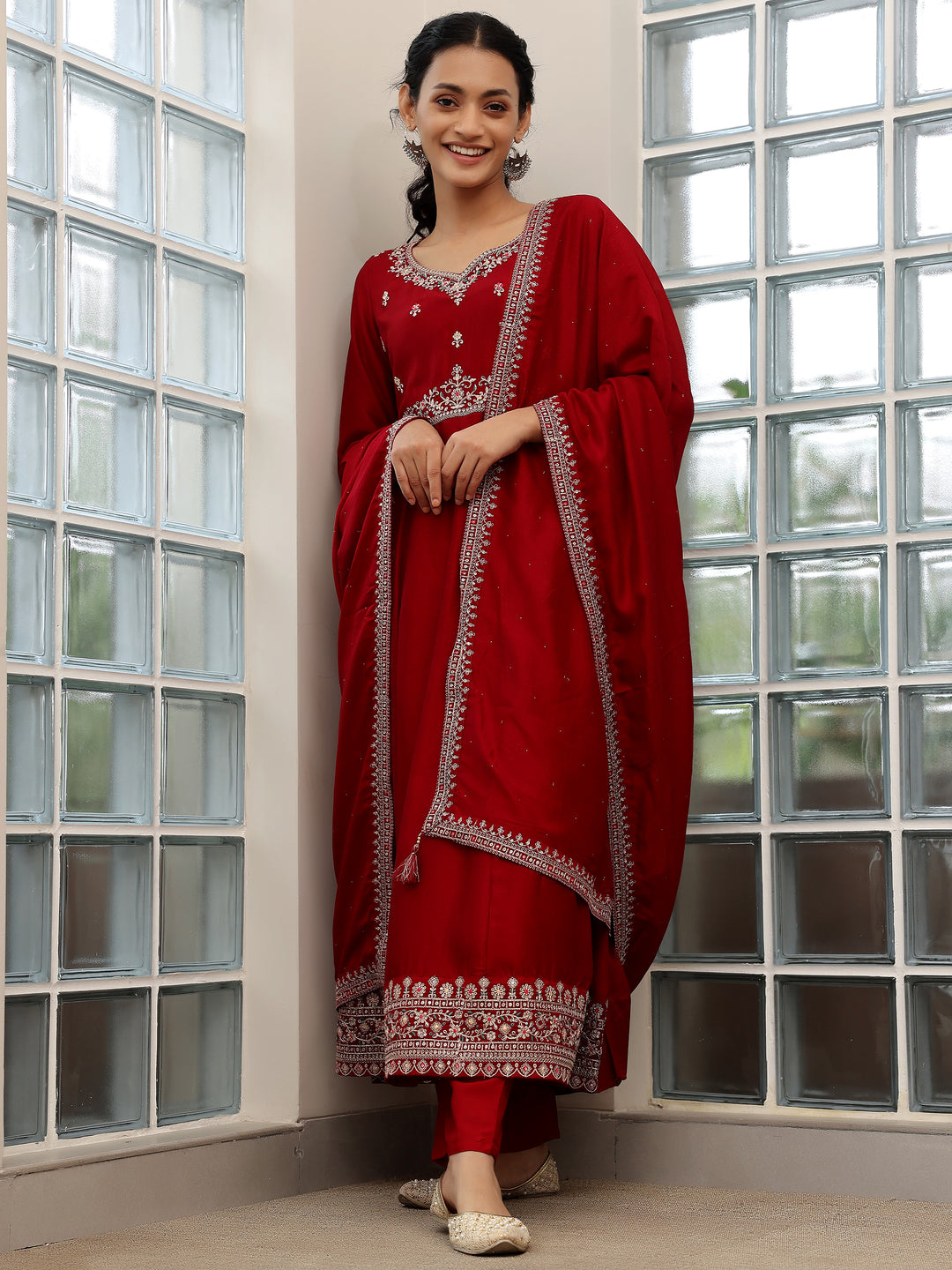  Maroon Embroidered Silk Blend Anarkali Suit Set With Dupatta 