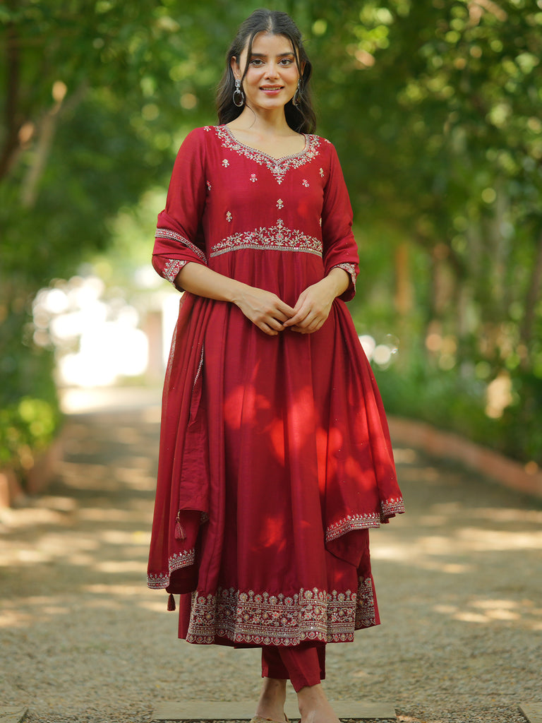 Libas Maroon Embroidered Silk Blend Anarkali Suit Set With Dupatta