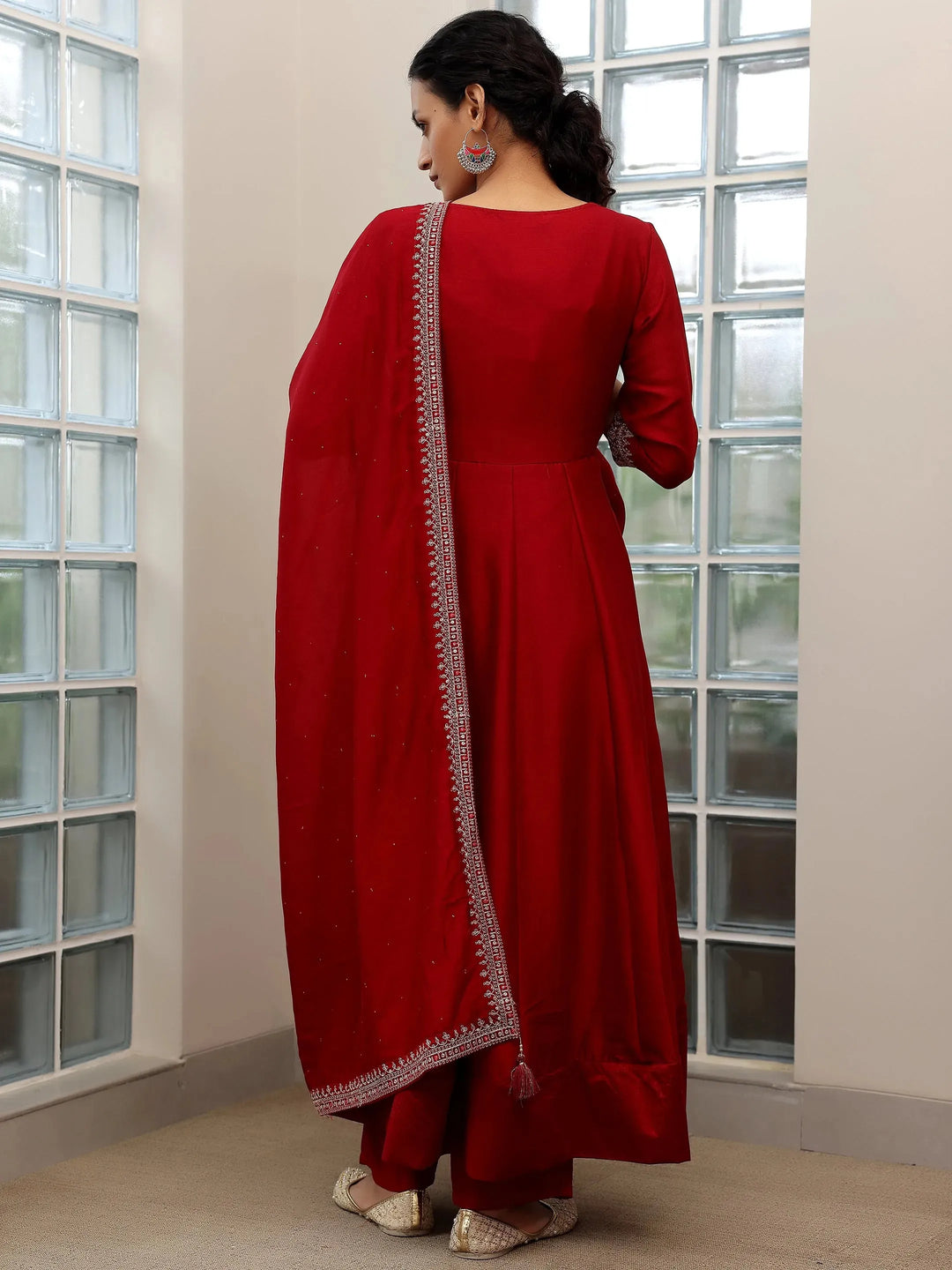  Maroon Embroidered Silk Blend Anarkali Suit With Dupatta 