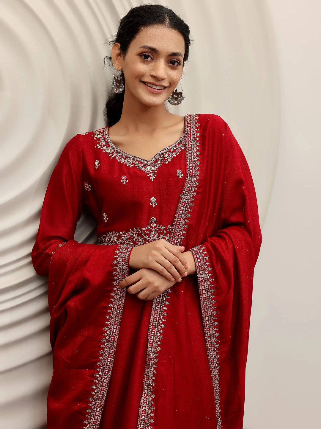  Maroon Embroidered Silk Blend Anarkali Suit With Dupatta 
