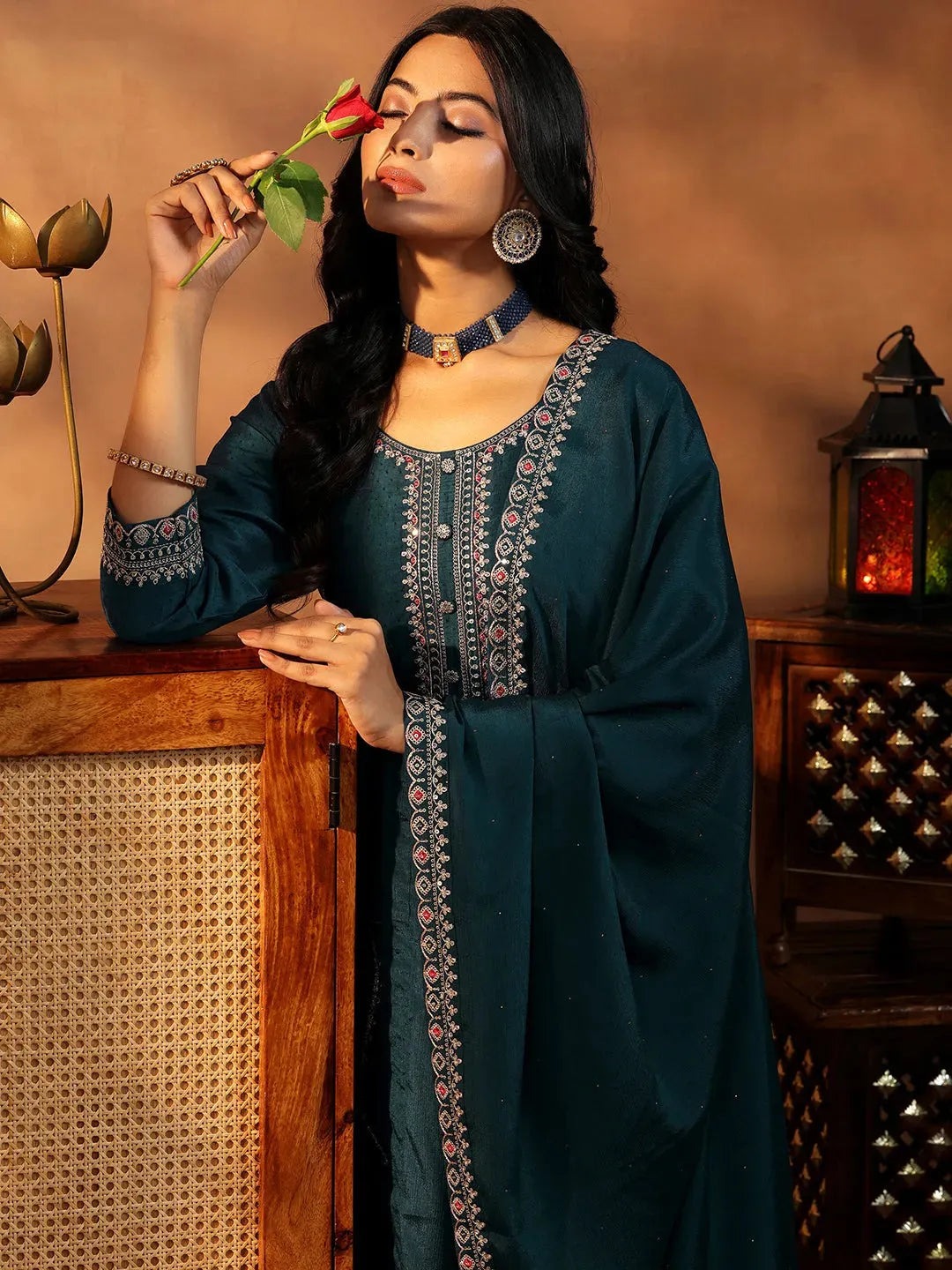 Teal Printed Silk Blend Straight Suit Set With Dupatta