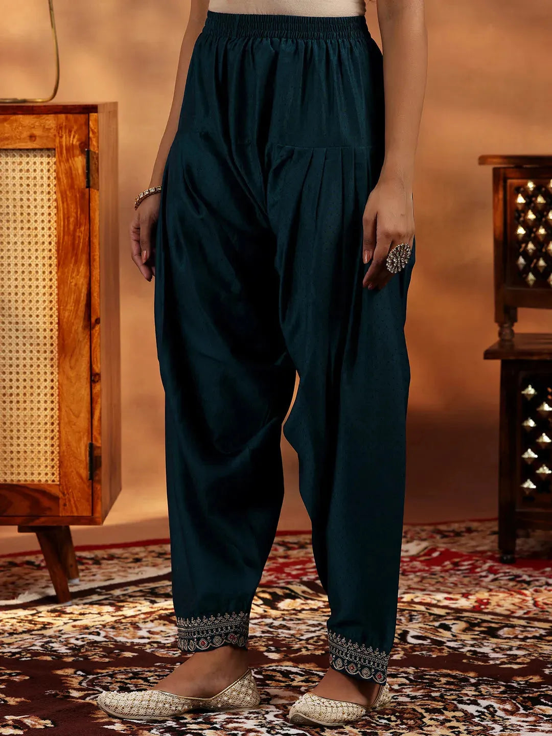  Teal Embroidered Silk Blend Straight Suit With Dupatta 