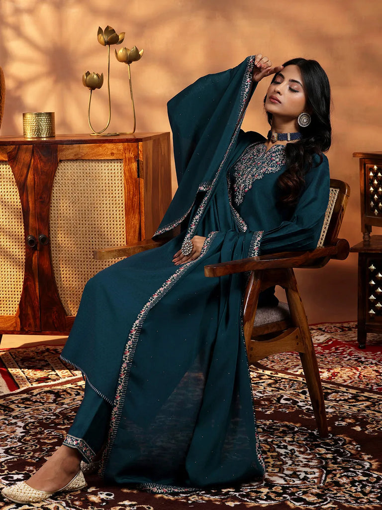 Libas Teal Yoke Design Silk Blend Straight Suit With Dupatta