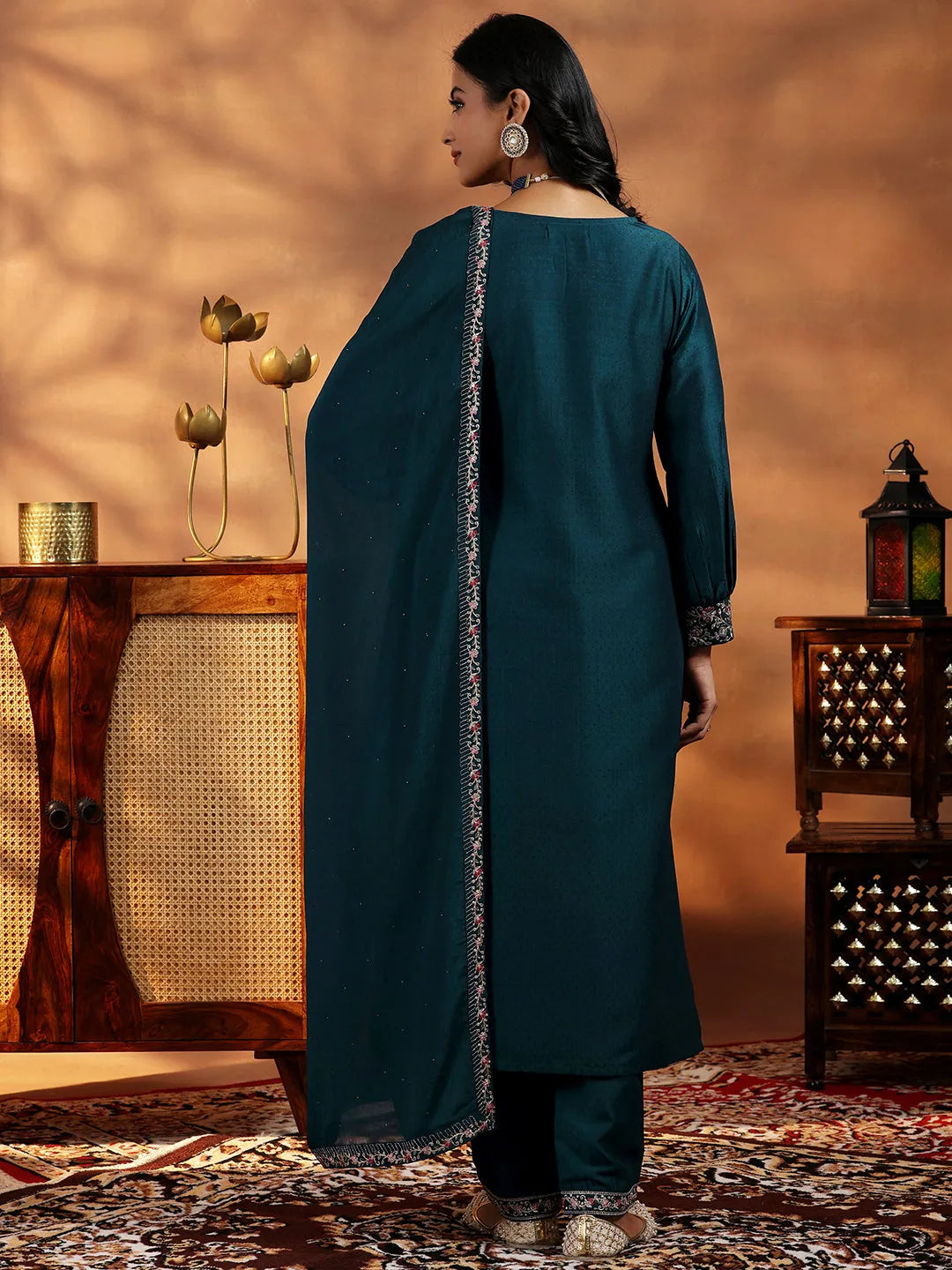  Teal Yoke Design Silk Blend Straight Suit With Dupatta 