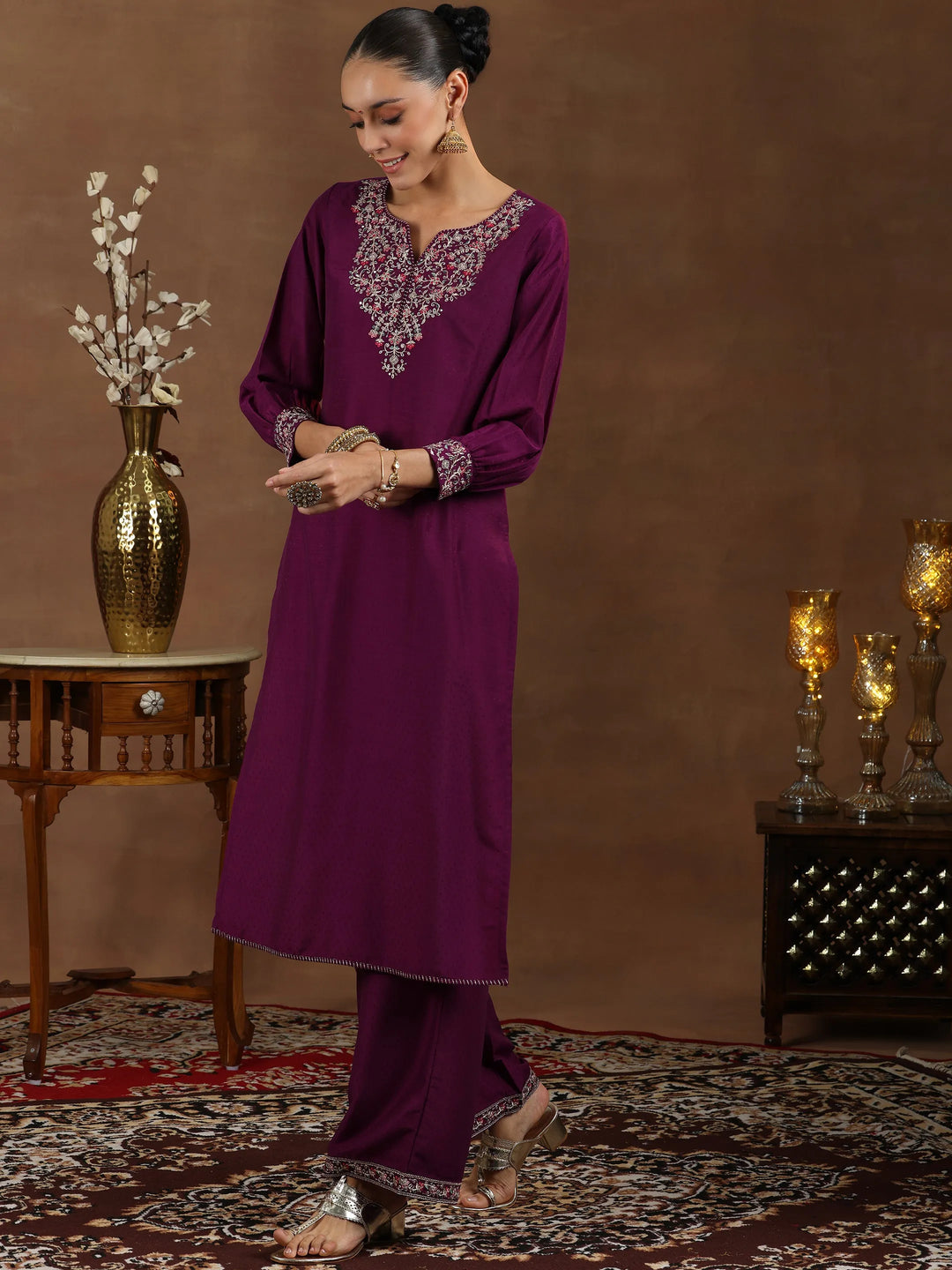  Wine Yoke Design Silk Blend Straight Suit With Dupatta 