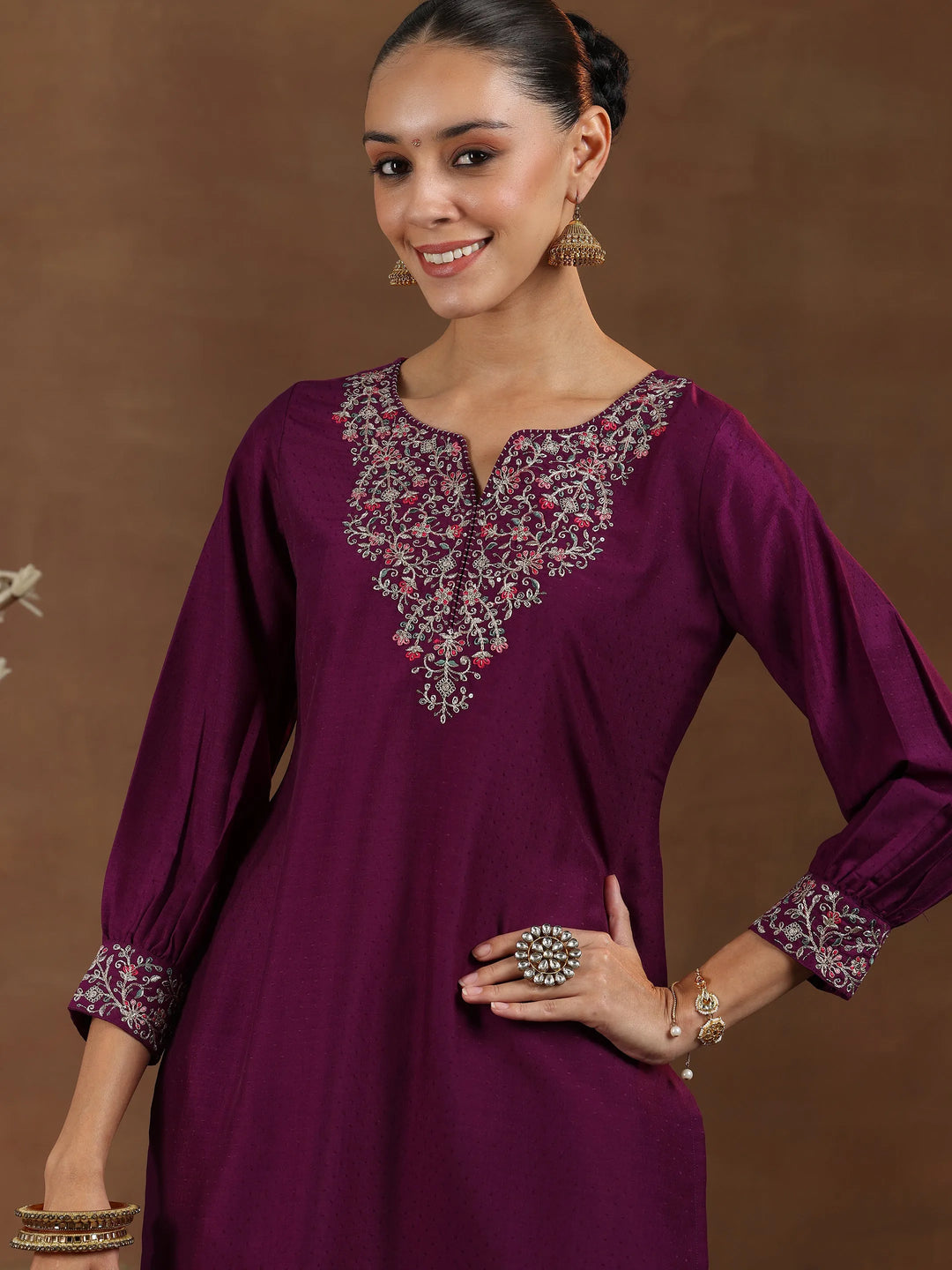  Wine Yoke Design Silk Blend Straight Suit With Dupatta 
