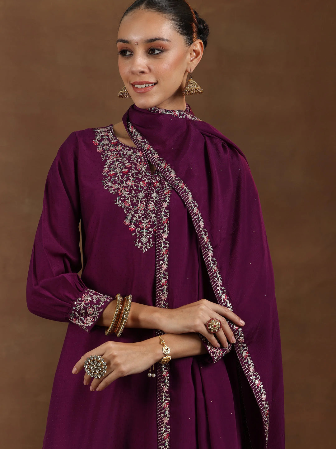  Wine Yoke Design Silk Blend Straight Suit With Dupatta 