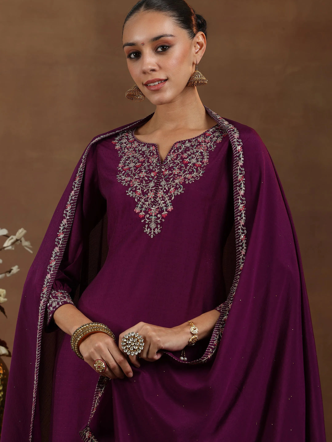  Wine Yoke Design Silk Blend Straight Suit With Dupatta 