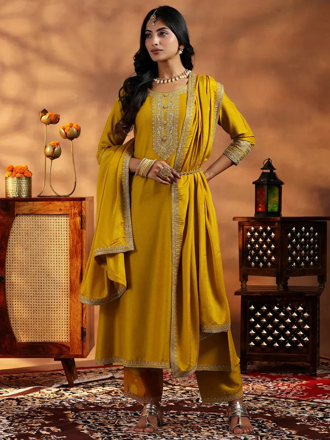  Mustard Yoke Design Silk Blend A-Line Kurta With Trousers & Dupatta 
