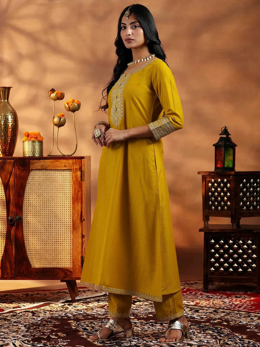  Mustard Yoke Design Silk Blend A-Line Kurta With Trousers & Dupatta 
