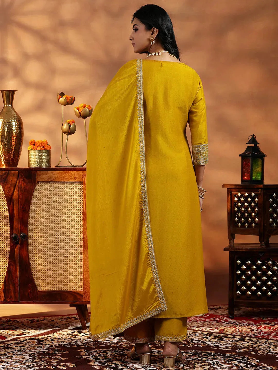  Mustard Yoke Design Silk Blend A-Line Kurta With Trousers & Dupatta 