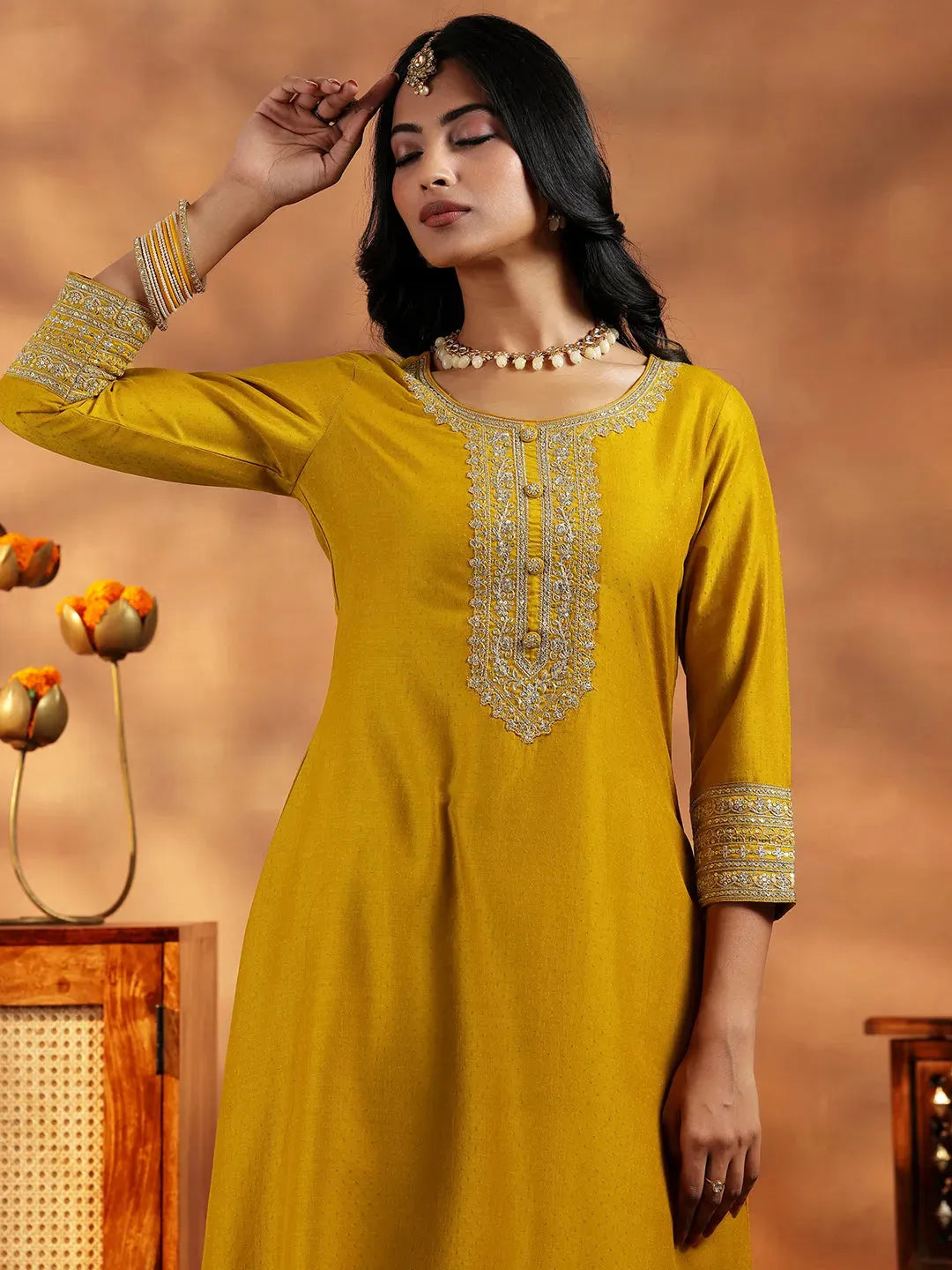  Mustard Yoke Design Silk Blend A-Line Kurta With Trousers & Dupatta 