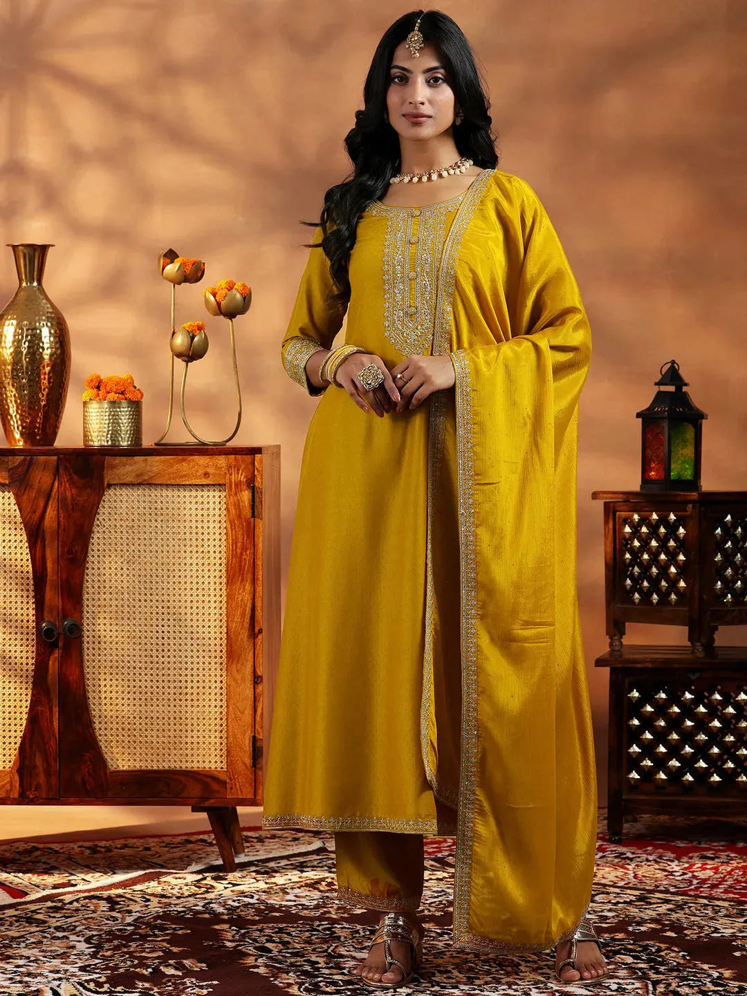  Mustard Yoke Design Silk Blend A-Line Kurta With Trousers & Dupatta 