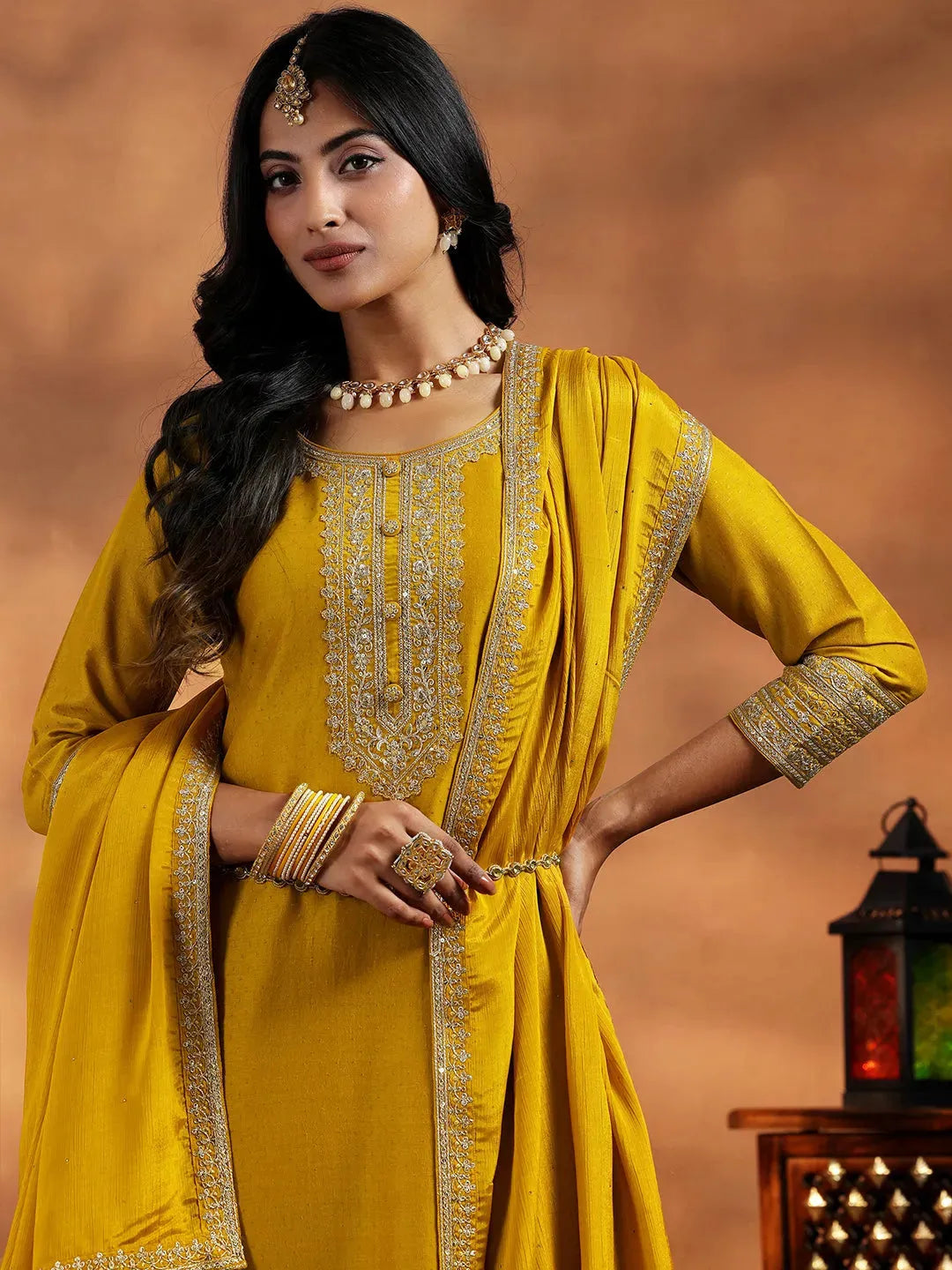  Mustard Yoke Design Silk Blend A-Line Kurta With Trousers & Dupatta 