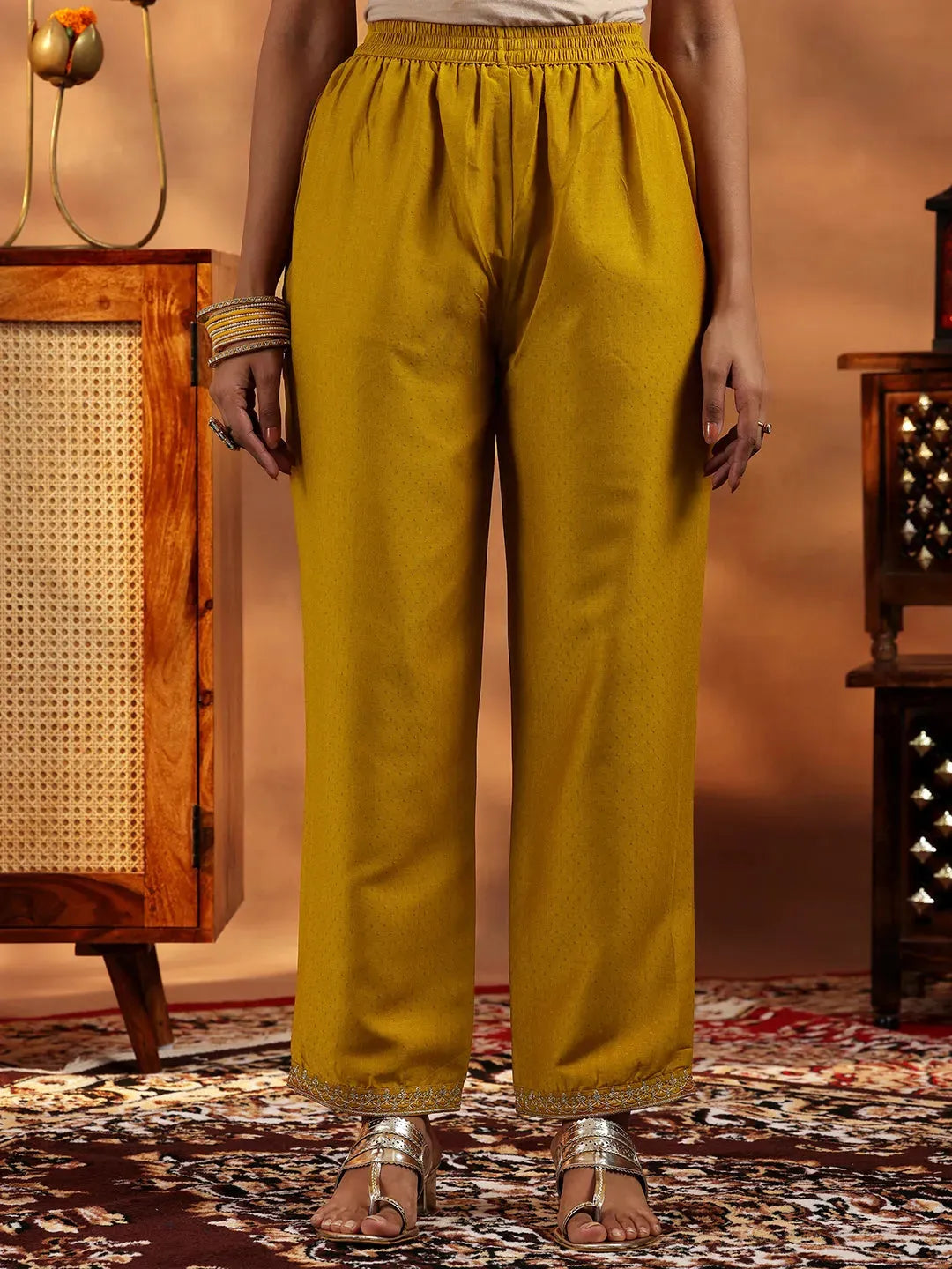  Mustard Yoke Design Silk Blend A-Line Kurta With Trousers & Dupatta 