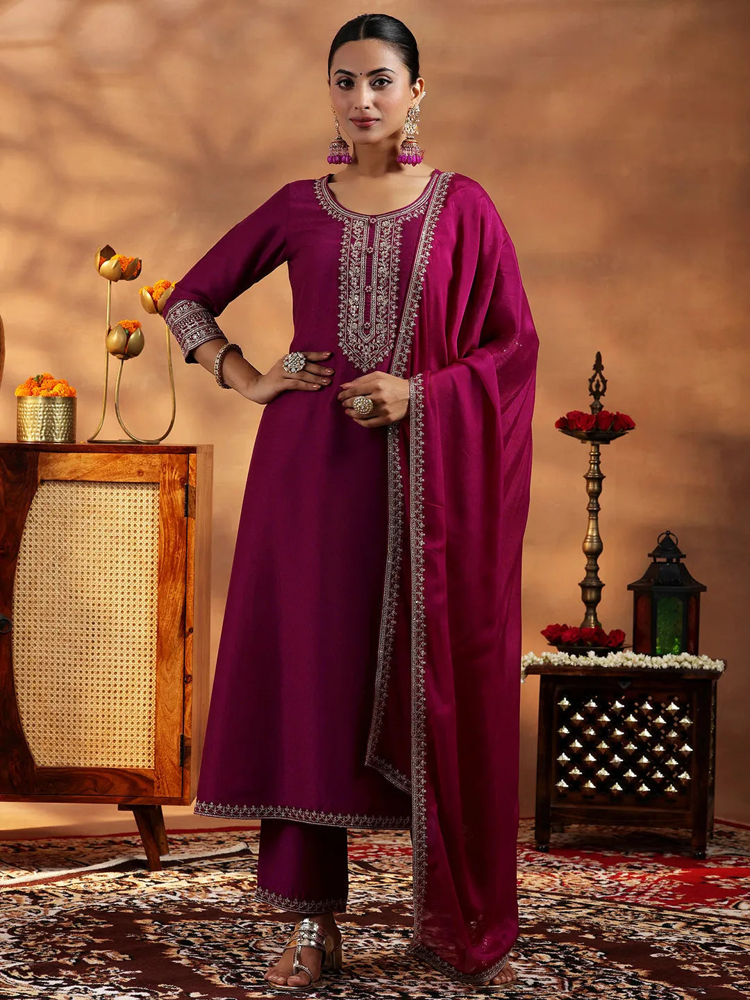  Maroon Yoke Design Silk Blend A-Line Kurta With Trousers & Dupatta 