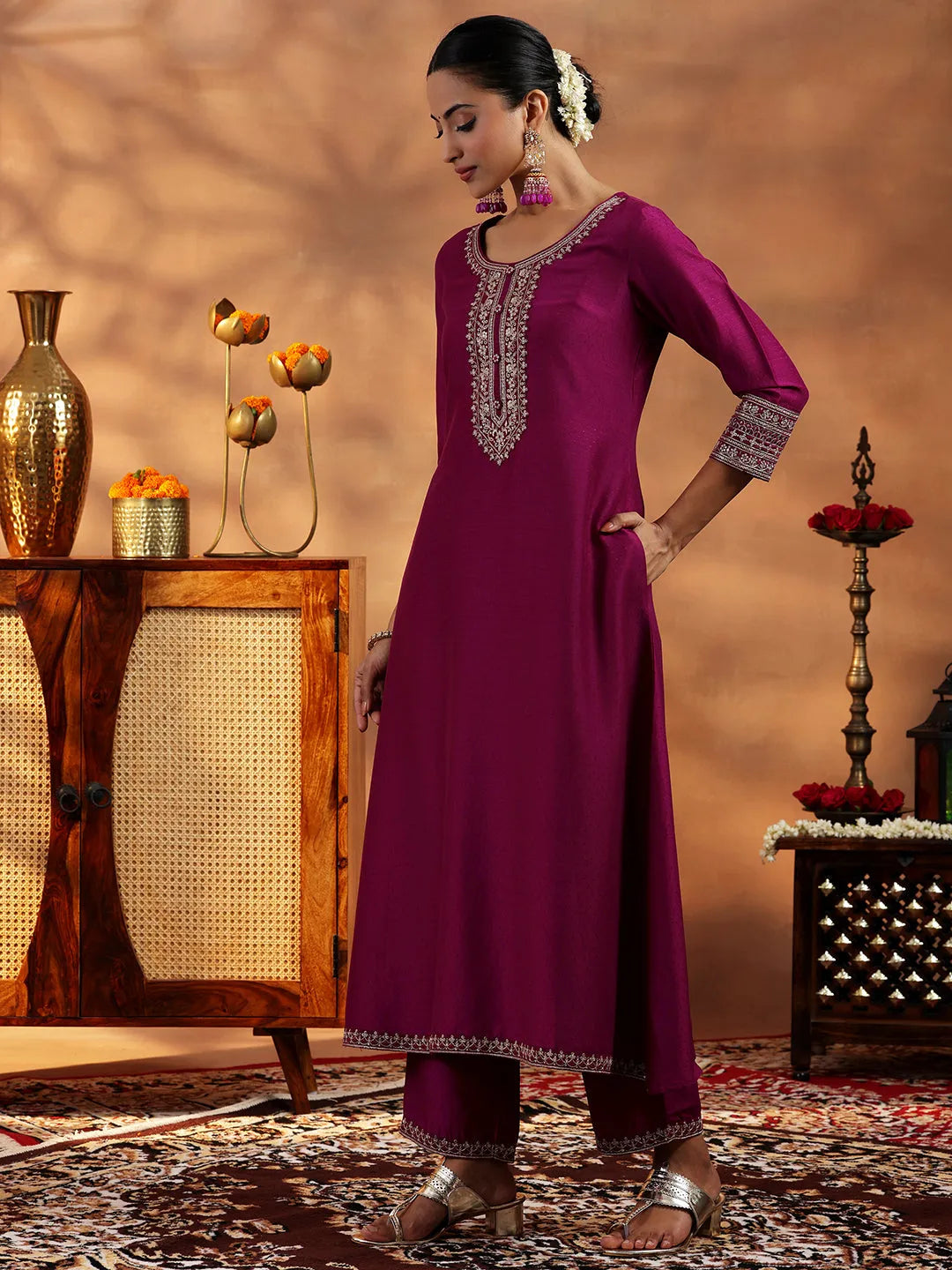  Maroon Yoke Design Silk Blend A-Line Kurta With Trousers & Dupatta 