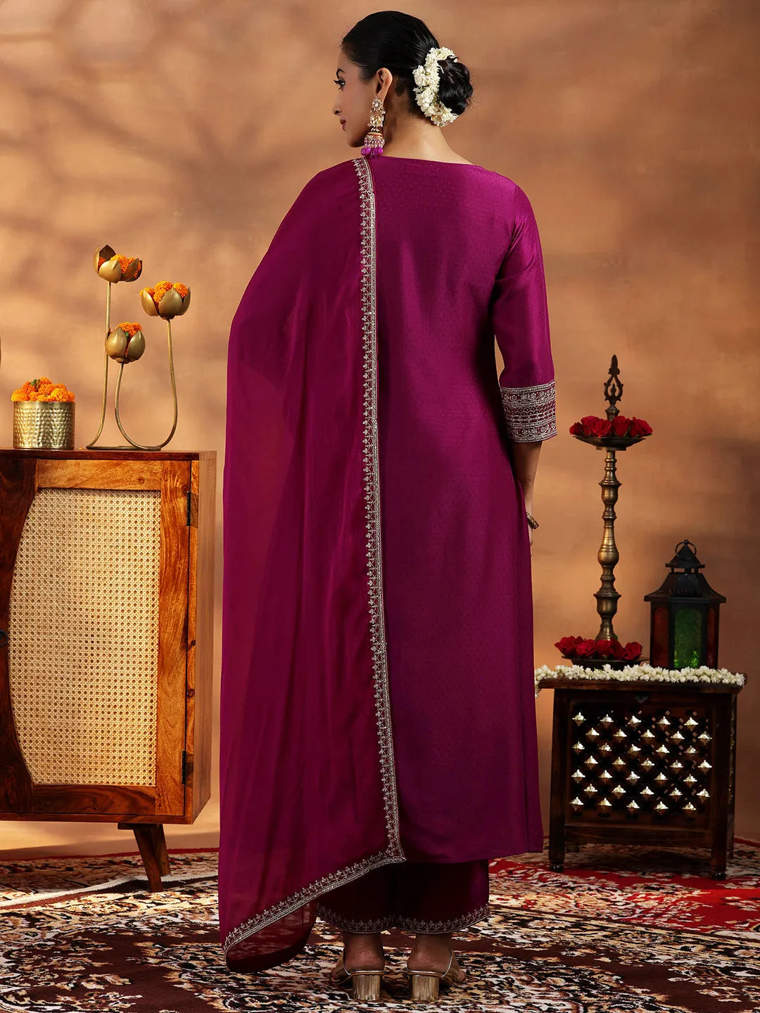  Maroon Yoke Design Silk Blend A-Line Kurta With Trousers & Dupatta 
