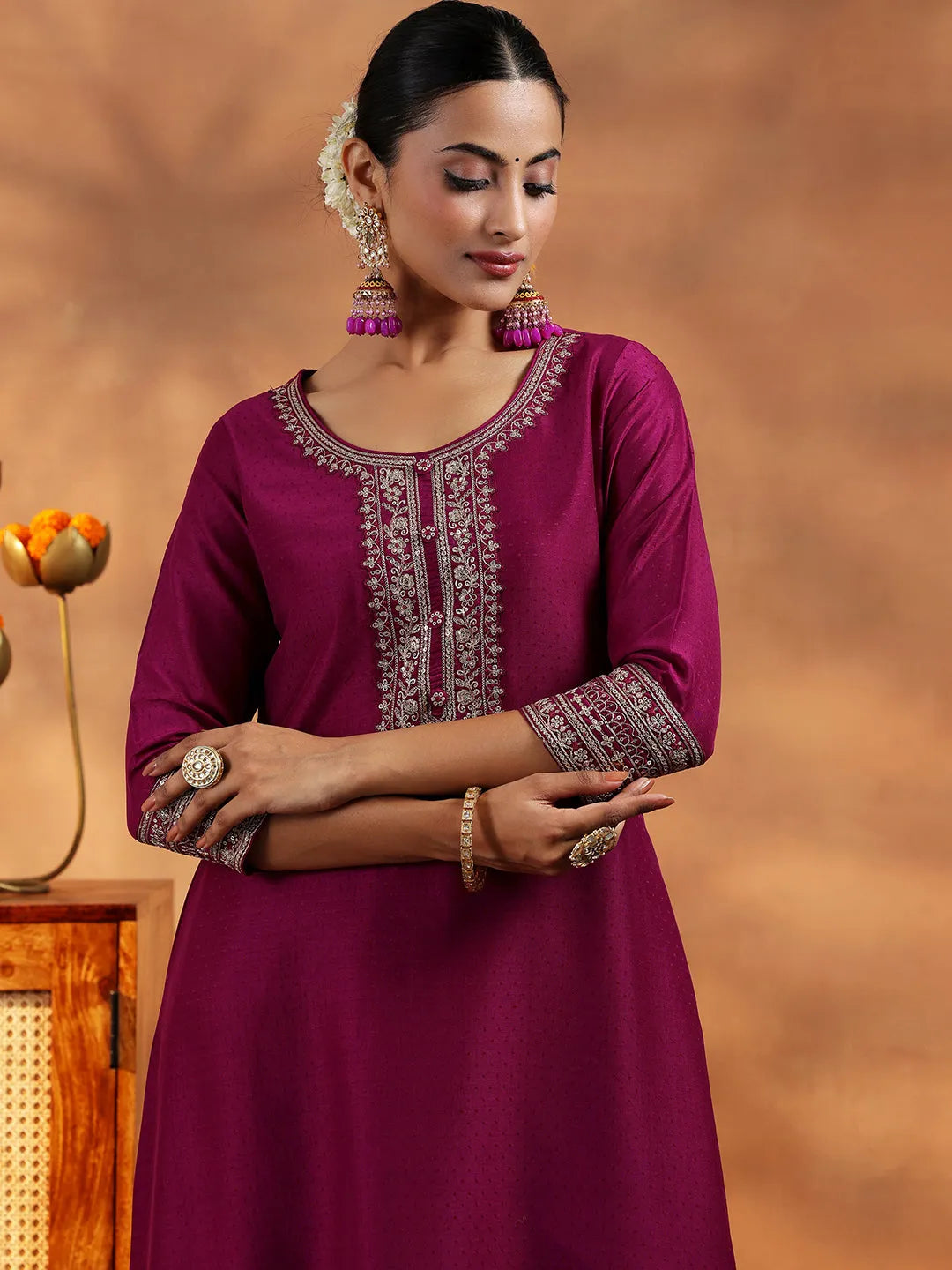  Maroon Yoke Design Silk Blend A-Line Kurta With Trousers & Dupatta 